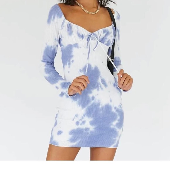 NWT Princess Polly Sz 12 Tie Dye Mini Dress Blue White Slow‎ Dancing Long Sleeve - Picture 1 of 6